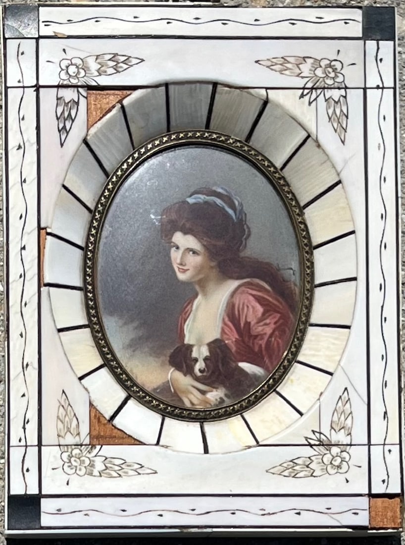 Miniature Antique Artist Signed portrait painting on ivory of Maiden with her dog, framed: Small Antique Artist Signed portrait painting on ivory of Maiden with her dog, framed, measures approx. 5 1/2" x 4 1/4", losses to frame, condition as seen in photos provided