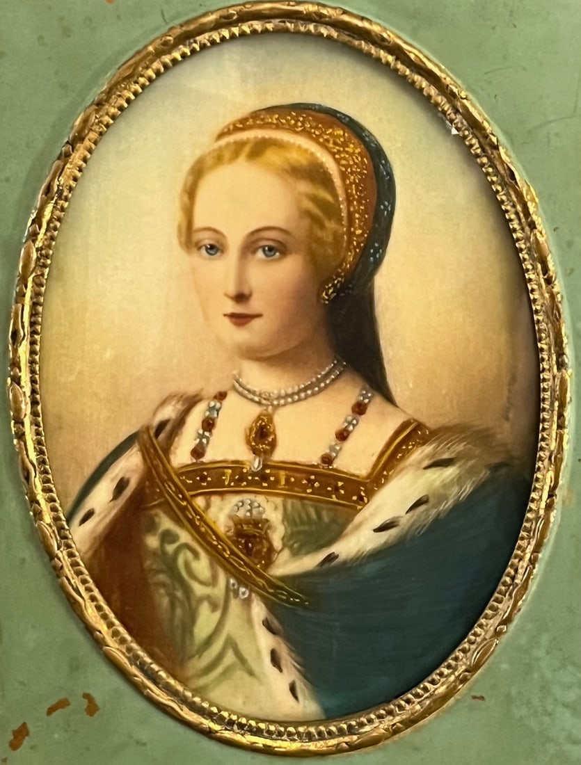Miniature Antique Artist Signed portrait painting on ivory of a Lady, Lady Jane Grey, framed: A finely executed 19th-century hand-painted miniature portrait of a young woman, Lady Jane Grey. The sitter is depicted in period attire with delicately detailed features and soft coloration, typical