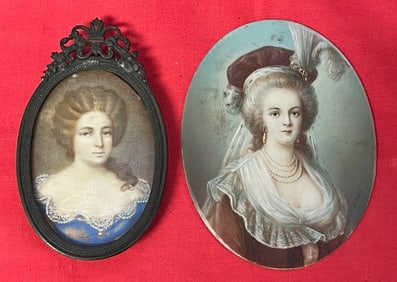 Lot of 2 Miniature Antique Portrait paintings on ivory, Maria Antoinette on reverse of one