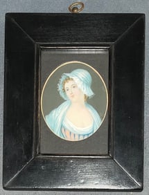 Miniature Antique Artist Signed Wathan Portrait painting on ivory of a Lady, framed
