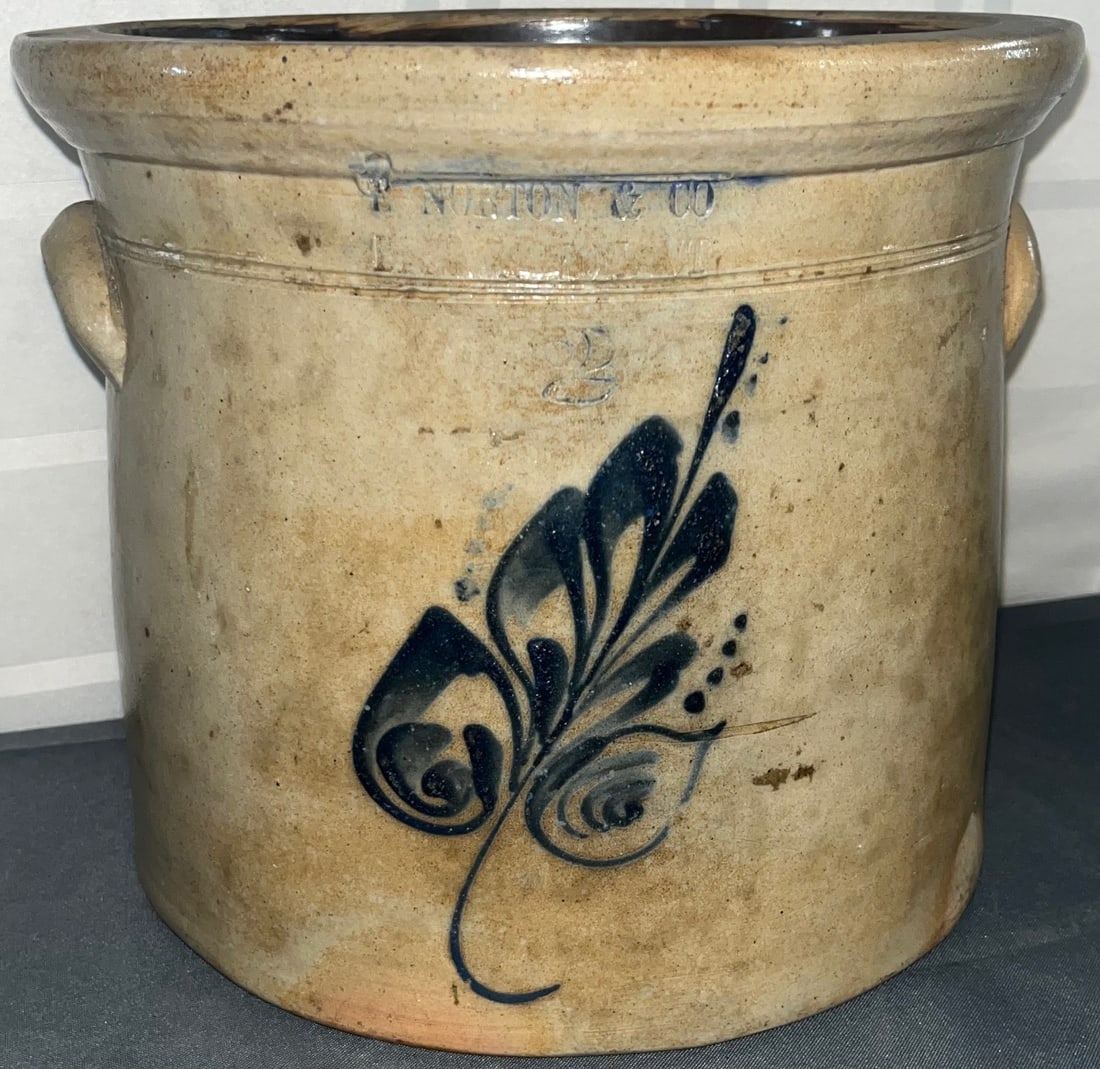 19th C. 2 Gal. Blue Decorated Saltglaze Stoneware Crock "E. Norton & CO. / Bennington, VT.: 19th C. 2 Gal. Blue Decorated Saltglaze Stoneware Crock with impressed mark "E. Norton & CO. / Bennington, VT., measures approx. 10" in diameter, 8 3/4" high, condition as seen in photos provided