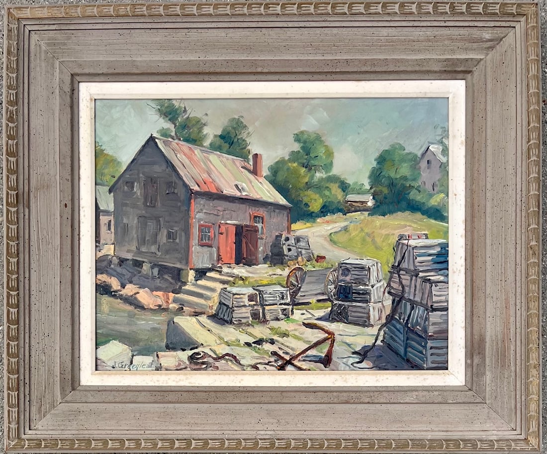Jacob Greenleaf (1887-1968) oil on canvas board titled "Lobster Mans Haven": Jacob Greenleaf (1887-1968, was active / lived in Massachusetts) oil on canvas board, original label intact on the reverse, titled "Lobster Mans Haven", Artist Jacob I. Greenleaf, Studio Bear Skin Nec