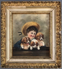 Small 19th c. O/C portrait painting, Young Child with 3 Puppies, Gilt wooden frame