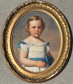 19th c. O/C oval Portrait Painting of Young Child, oval gilt wooden frame