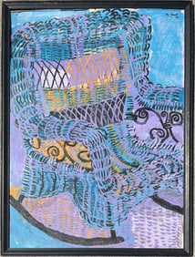 Margaret Stark (1915 - 1988) painting of a wicker rocking chair, artist signed M. Stark, 59'