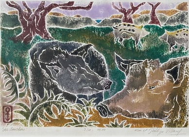 Wood block print by Kim et Phillipe Villard titled "les Sanchiers" (The Protectors) #3/10, 05/97