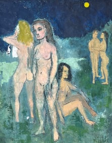 Breton Morse (Born 1926) Lg. painting on canvas titled "Moonlight Swimmers", signed Morse '56