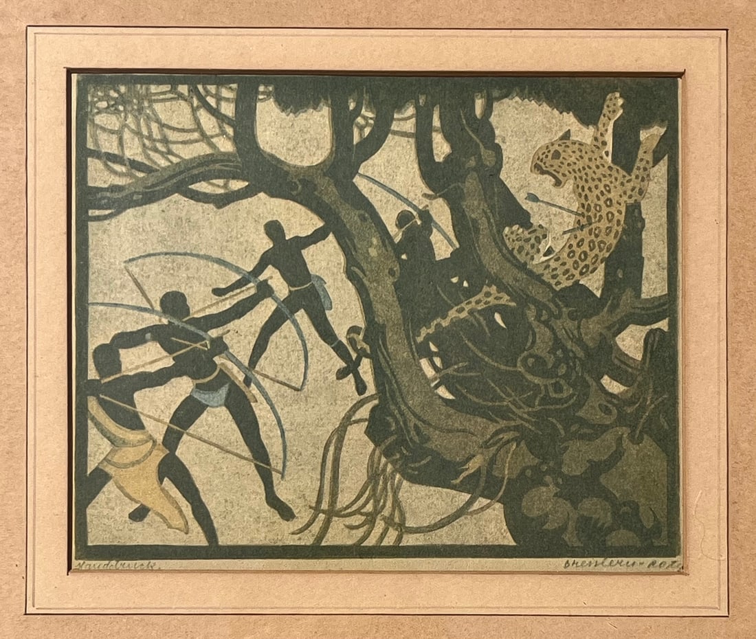 Norbertine Von Bresslern-Roth (1891-1978) woodblock print titled "Leopard Hunt": Framed Norbertine Von Bresslern-Roth (1891-1978) woodblock print titled "Leopard Hunt", frame measures approx. 13" w x 15" high, condition as seen in photos provided