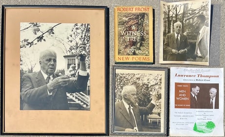 Vintage Robert Frost ephemera lot including original photos, book, signature, handwritten material
