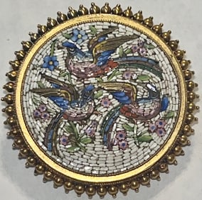 Antique Italian 18K Gold Micro Mosaic Brooch with Bird Motif, 9.18 grams