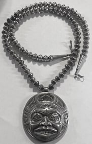 1977 Patty Fawn Kwakiutl sterling silver Spirit Mask Pendant necklace with light blue stones, 157g
