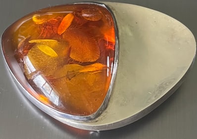 Mariusz Gliwinski Modernist Sterling Silver Brooch w/ Large Baltic Amber Cabochon, 3 1/8" x 2 5/16"