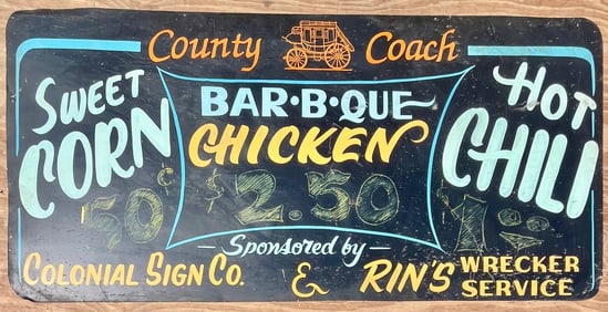 Large Vintage metal "COUNTRY COACH" restaurant advertising sign, 48" w x 23" h