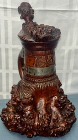 19th C. Burlwood turned Tankard with Carved decoration, metal band with name and dated 1881
