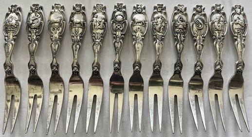 Set of 12 Sterling Silver Zodiac cocktail forks with embossed month, Zodiac symbol & flower, 156.84g