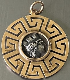 18k yellow gold pendant featuring Ancient Greek Revival Coin in Greek Key Motif Setting, 5.26 g