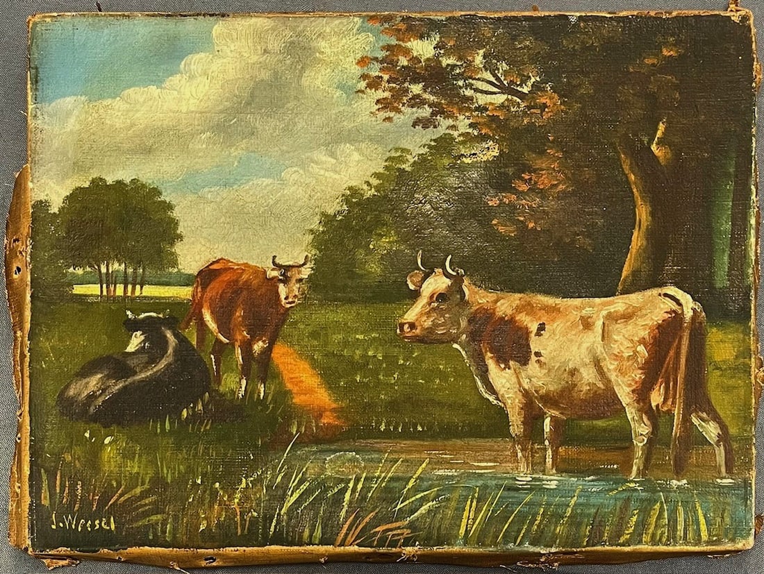 Small Antique o/c landscape painting with cows in a tranquil rural setting, Artist signed J. Wessel: A charming oil on canvas of Three cows in a tranquil rural setting with vibrant greenery, watering hole and a romanticised countryside backdrop. Oil on canvas tacked to its original wooden stretcher, 