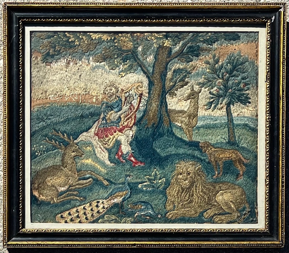 Victorian Berlin Woolwork "Peaceable Kingdom" needlepoint, circa 1850 - 70: A finely woven 19th century Berlin Woolwork pastoral needlepoint depicting an allegorical "Peaceable Kingdom" scene with a Harpist under a tree, surrounded by a lion, deer, peacock and other animals.