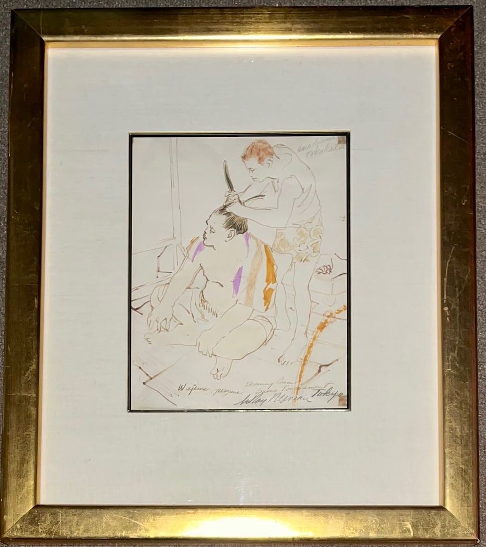 LEROY NEIMAN (1921-2012) "Wajima, Yokozuna, Sumo Tournament" Original 1980's Drawing: LEROY NEIMAN (1921-2012) Framed original sports mixed media ink drawing with inscription "Wajima, Yokozuna (Highest ranking Sumo Wrestler) Dressing Room, Sumo Tournament, Tokyo" and Artist signed lowe