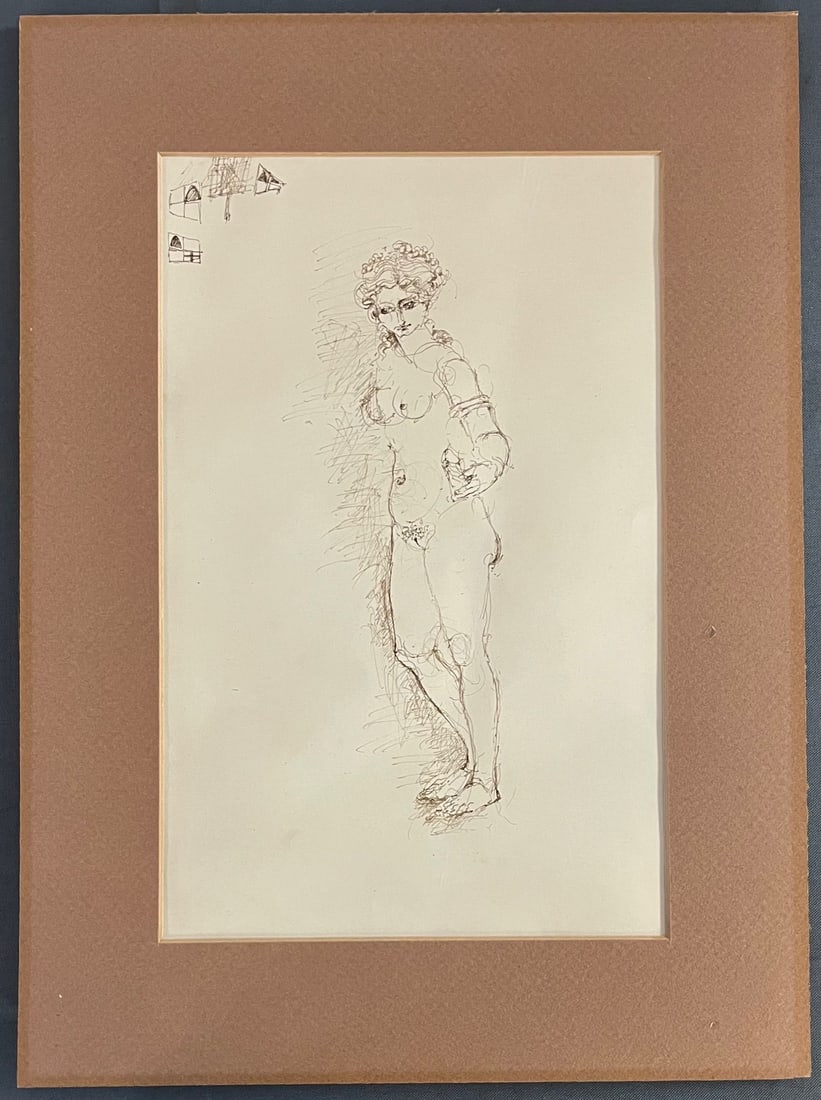 LOVIS CORINTH (GERMAN, 1858-1925) Pen & Ink Nude drawing / study, Framed: LOVIS CORINTH (GERMAN, 1858-1925) An original Pen & Ink drawing on paper, depicting a standing nude female figure with expressive linework, attributed to Lovis Corinth. Includes architectural-like ann