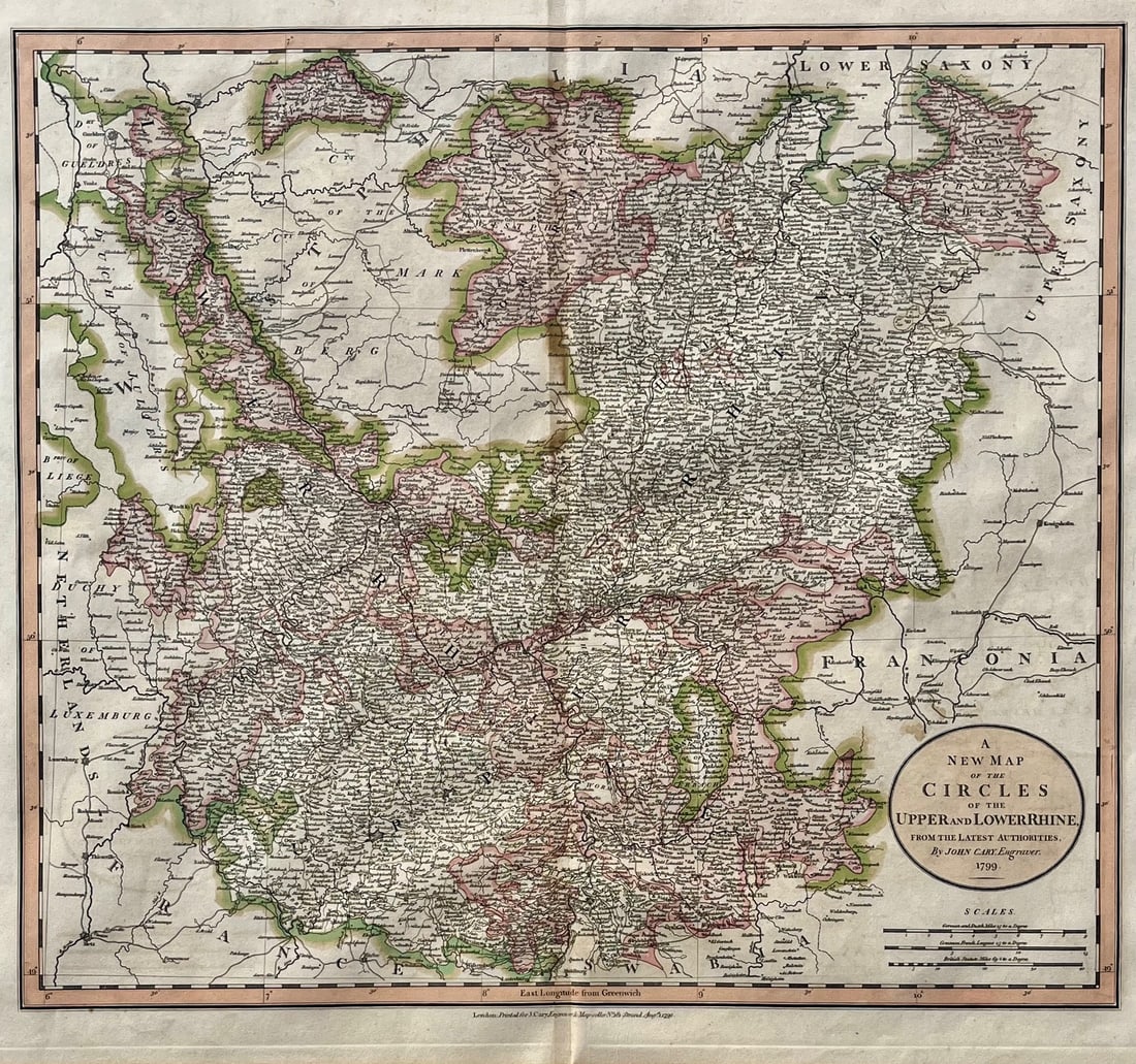 1799 JOHN CARY Engraved Map, Circles of the Upper & Lower Rhine, Hand Colored Original: A fine and original dated 1799 engraved map titled "A New Map of the Circles of the Upper and Lower Rhine", deawn and published by renowned London cartographer John Cary. This hand-colored copperplate