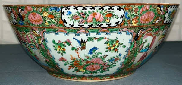 Chinese Export Porcelain Rose Medallion Punch Bowl, 15" Diameter