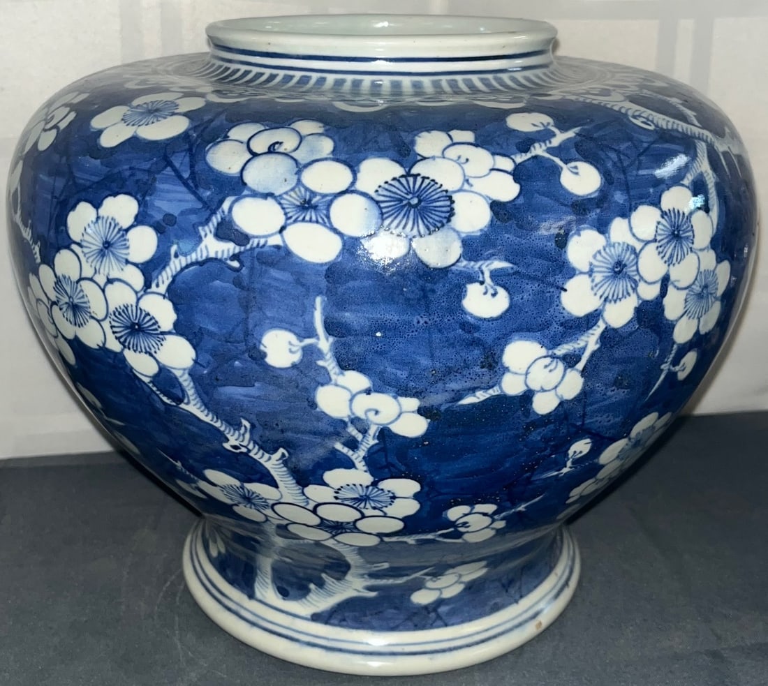 Large Chinese Qing Dynasty Blue & White Porcelain Jar, Prunus Blossom (Plum Blossom) Design: Large Chinese Qing Dynasty Blue & White Porcelain Jar decorated in underglaze blue with prunus (plum blossom) branches, a design popularized during the Qing Dynasty, especially under the Kangxi period