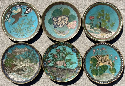 Set of 6 Chinese Cloissone Enamel Plates with Birds and Floral Motifs, Qing Dynasty