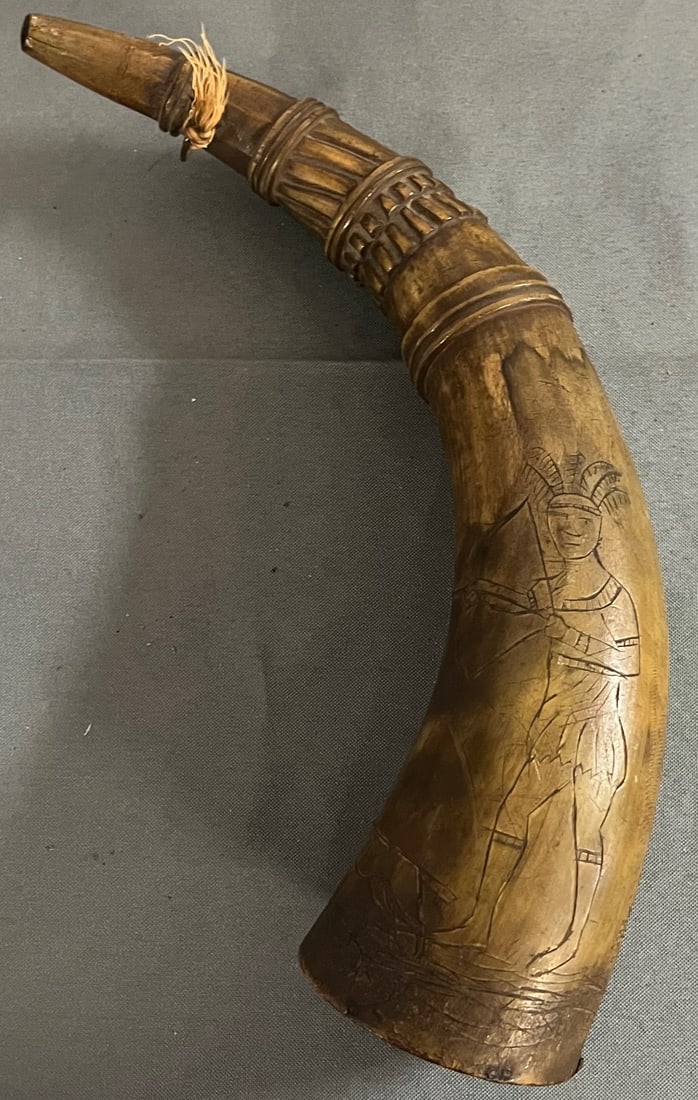 Antique American Folk Art Carved and Scrimshaw Powder Horn, Indian, Hunter, Dog, etc.: 18th / 19th C. carved and scrimshaw-decorated folk art powder horn, likely American, Scrimshaw engravings including Native American Figure, Soldier or hunter with top hat, dog, landscape with trees, w