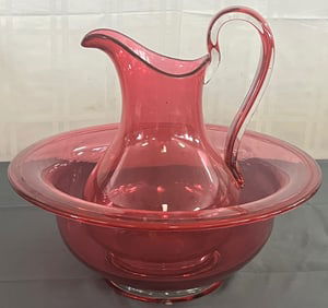 Rare Antique Victorian 19th c. Hand Blown Cranberry Glass Pitcher and Bowl