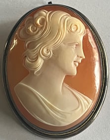 Antique Victorian Carved Shell Cameo Brooch or Pendant of Classical Woman in Profile