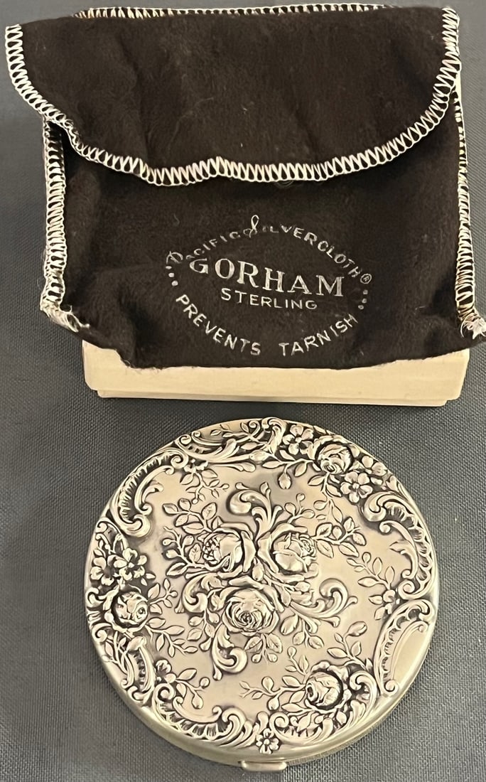 Gorham Sterling Silver Compact, Elaborate Floral Decoration, Roses ...