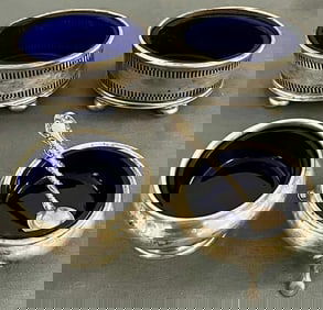 Group of 4 Antique Sterling Silver Open Salts with Cobalt Blue Glass Liners, One Salt Spoon