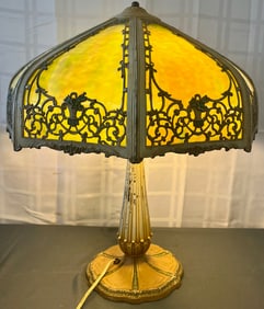 Antique Bent Panel Multi-Color Slag Glass Parlor Lamp