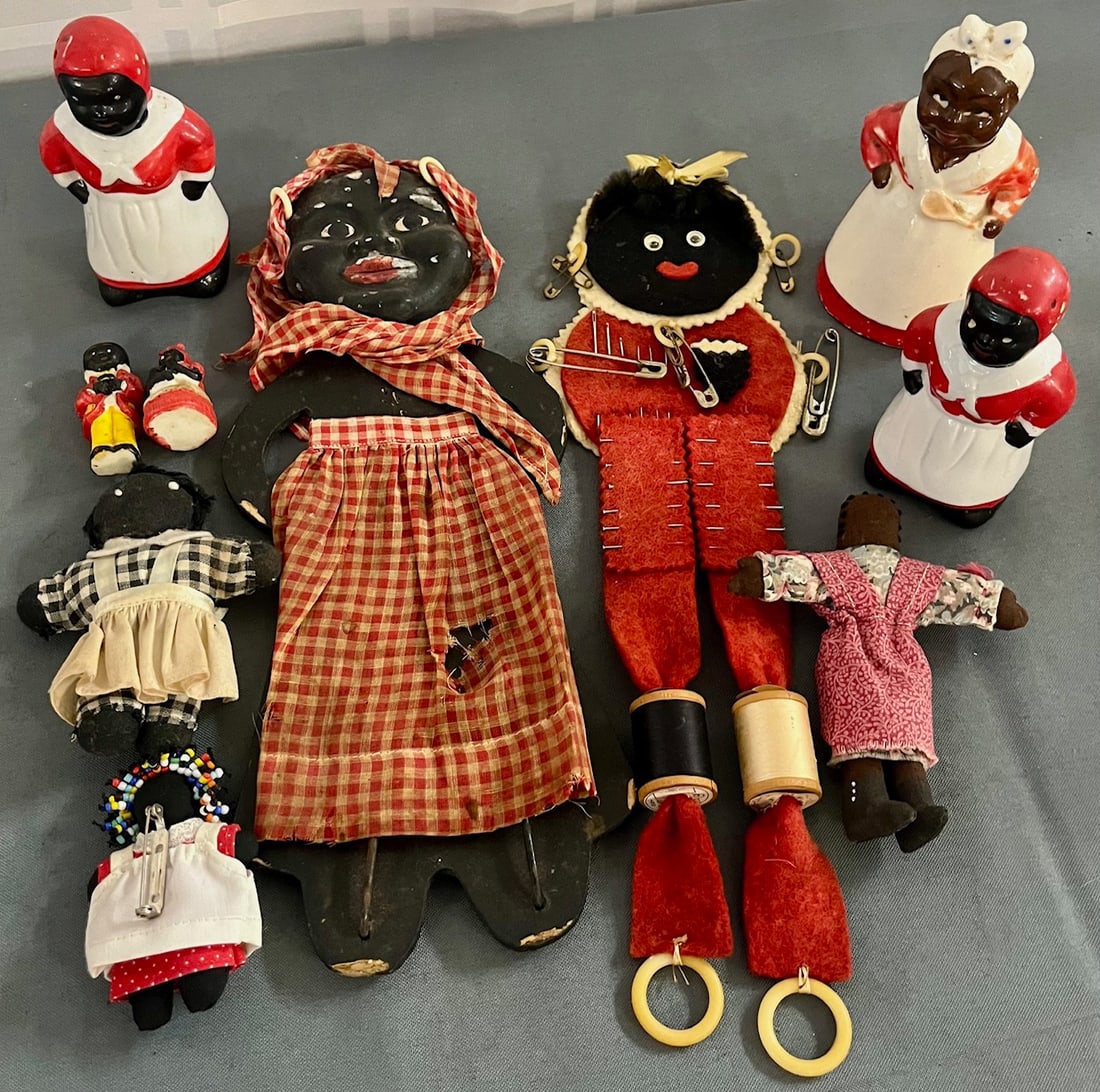 Lot of 10 Vintage Black Americana Items, Sewing Related, Salt & Peppers, Cloth Dolls, etc.: Lot of 10 Vintage Black Americana Items, Sewing Related, Salt & Peppers, Cloth Dolls, etc. Pieces measure 3" - 12" High, condition as seen in photos provided