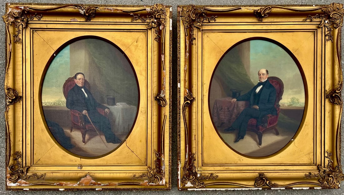 Pair of 19th C. Portraits by George Linen (1802-1888), of Thomas and Anthony Marsh Smith: Artist George Linen (1802-1888, was active / lived in New York, New Jersey / Scotland), A Pair of oil on canvas portraits in original gilt frames, both identified with hand written labels on the rever