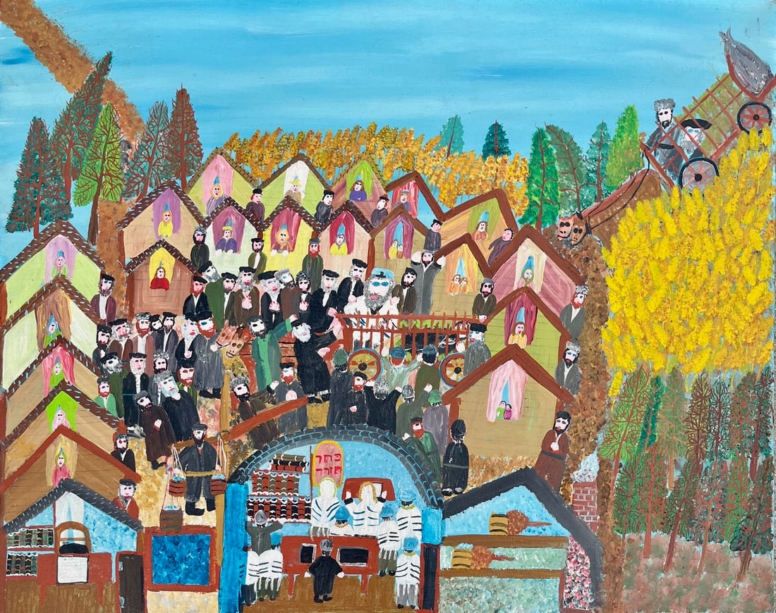 Harry Lieberman (1876-1983, Poland, America) O/C Titled "The Driver's Promotion": Harry Lieberman (1876-1983, Poland, America) O/C Titled "The Driver's Promotion" Judaic Folk Art Village Scene, A richly detailed folk art painting by renowned Jewish-American Artist Harry Lieberman, 