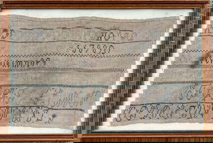 Small 19th c. Needlework Sampler "Mary Jane Camp Age 7" with Alphabet and Numbers