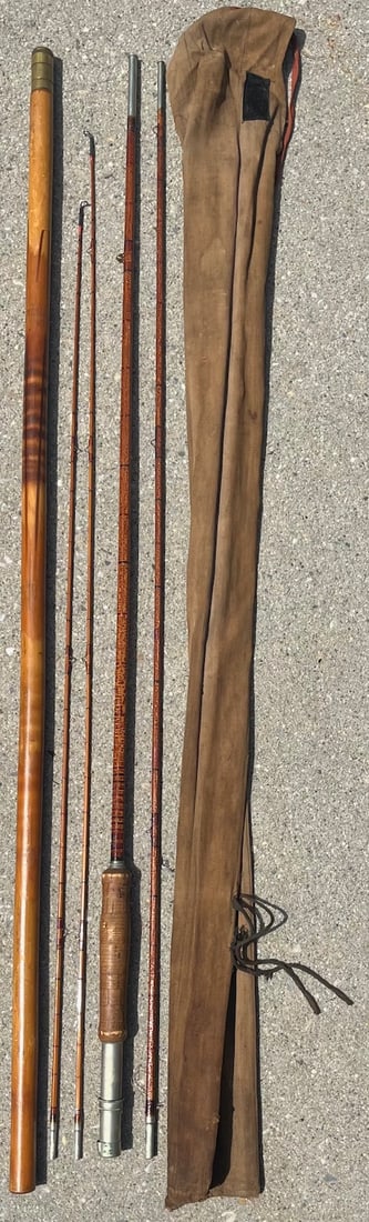 Vintage / Antique 4 piece WINCHESTER bamboo fly fishing rod, Original cloth holder: Vintage / Antique 4 piece WINCHESTER bamboo fly fishing rod with Original cloth holder / bag and an unusual wooden tube to hold the 2 tips, condition as seen in photos provided