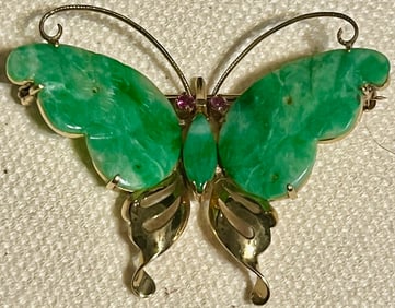 Vintage 14K Yellow Gold & Green Jade Butterfly Brooch stamped 14K, Asia