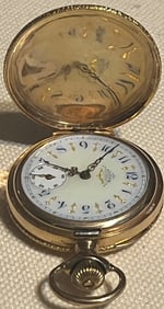 Antique Elgin 14K Gold Hunter Case Pocket Watch, 1896, Running, Diamond & Ruby Eagle