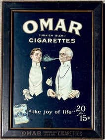 Antique Advertrising Sign "OMAR TURKISH BLEND CIGARETTES" In Original Frame