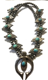 Vintage Navajo Sterling Silver & Turquoise Squash Blossom Necklace, 227 Grams