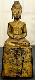 19th C. Burmese Gilded Wooden Seated Buddha with Pali Script