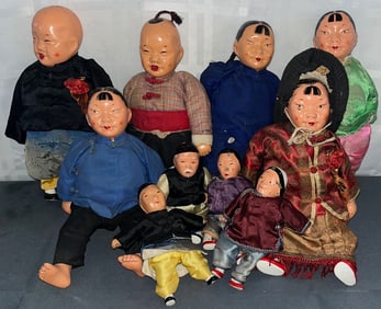 Group of 10 Vintage early 20th C. Chinese Composition Dolls in Traditional Attire