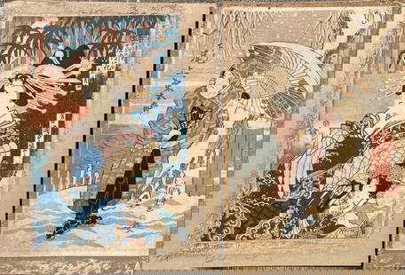Pair of Mid 19th C. Japanese Woodblock Prints by Utagawa Kunisada (Toyokuni III): Pair of Mid 19th C. Japanese Woodblock Prints by Utagawa Kunisada (Toyokuni III), Woodblock on left - Utagawa Kunisada circa 1850's, including circular pubisher's seal and Kunisada's Toshidama cartouc