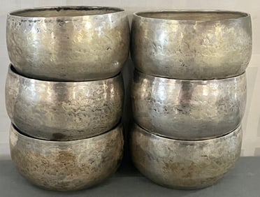 Set of 6 Hand-Hammered Southeast Asian Silver Offering Bowls, Marked on bottom, 394 grams