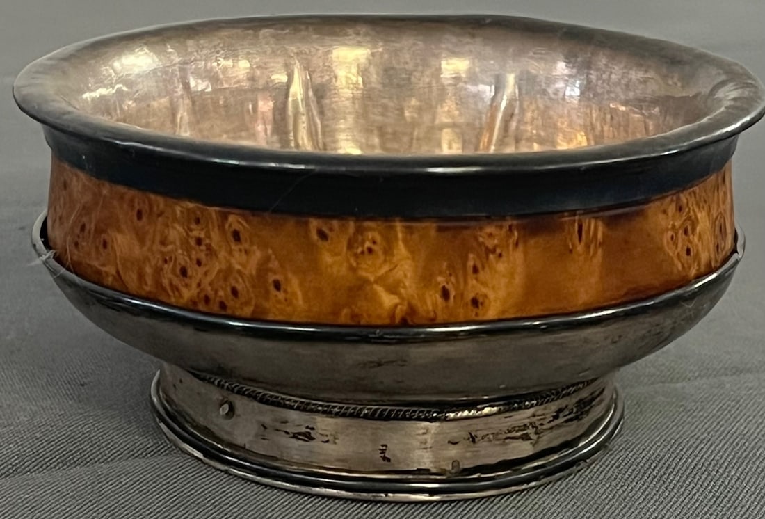 Antique 19th Century Tibetan Silver and Burlwood Tea Bowl, 164 total grams: Antique 19th Century Tibetan Silver and Burlwood Tea Bowl, 164 total grams, measures approx. 4 1/4" diameter, 1 3/4" high, condition as seen in photos provided