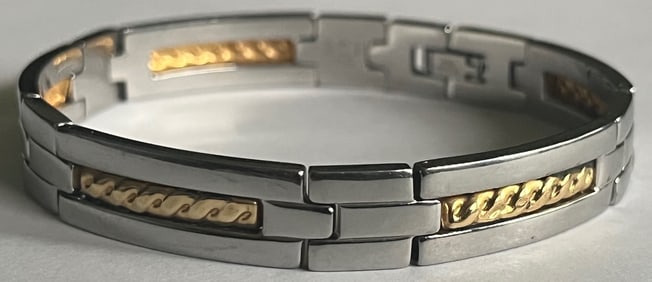Vintage Stainless Steel & 18K Yellow Gold Bracelet, Stamped RCI 18K