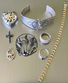 Group of 8 Pieces of Vintage Sterling Silver Jewelry Including Royal Danish Bracelet, 66.31 grams